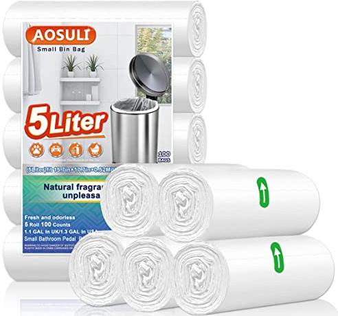 AOSULI 5L Small Bin Bags, White Clear Bin Liners for Bathroom, 100 Count | Leak-Proof Rubbish Bags, Tear-Resistant, Unscented, For Small Pedal Bins, Ideal for Office, Bedroom and Toilet Wastebaskets