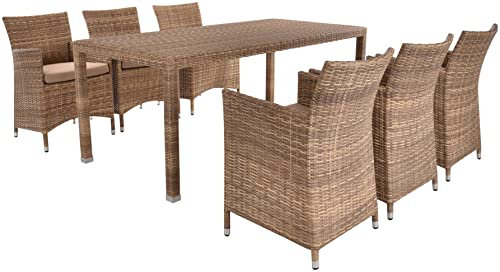 Krines Home Gartenmöbel Set 6 Sessel mit Esstisch Polyrattan wetterfest Garten Sitzgarnitur Essgruppe Sitzgruppe 6 Personen (Earth)