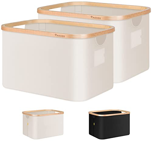 DAKCOS 2 Stücke Aufbewahrungskorb Wäschekorb Aufbewahrungsboxen aus Bambus- Stoffboxen Kisten faltbare Körbe; 32L, Beige