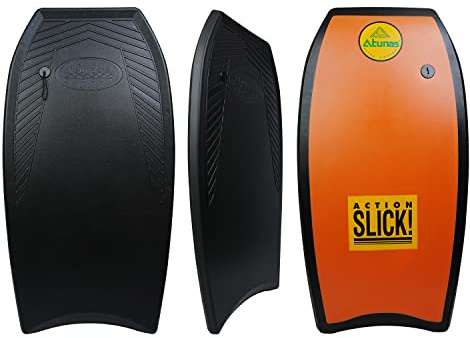 ATUNAS Body Boards, 33-43 Bodyboard for Beach with Wrist Leash, Solid PE/EVA Closed-Cell Waterproof Foam, Surfing for Kids and Adults (Black/Orange, 43 inch)