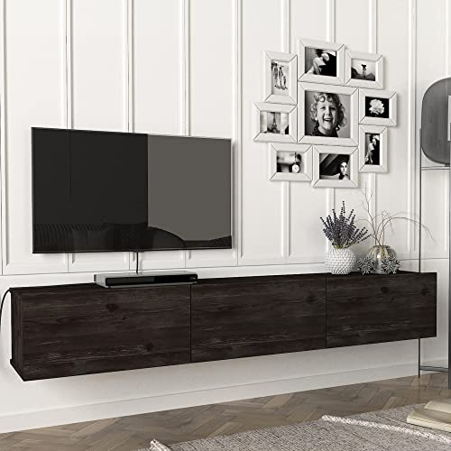 [en.casa] Meuble TV Mural Support Télé Suspendu avec Étagères Fermées Espace de Rangement Flottante pour Salon Banc Télévision Panneau de Particules 180 x 31 x 29,5 cm Effet Chêne Noir