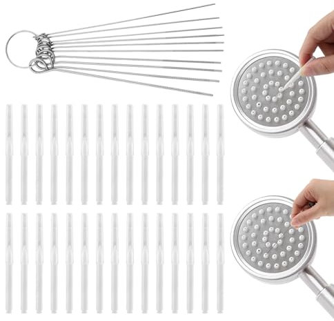 Lot de 30 brosses de nettoyage pour pommeau de douche et 10 aiguilles en acier inoxydable, outil de nettoyage de pommeau de douche anti-encrassement avec boîte de rangement pour salle de bain