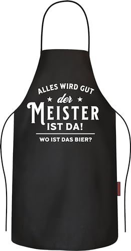 RAHMENLOS Geschenk für Handwerks-Meister: Der Meister ist da, alles wird gut - Grillschürze Kochschürze Küchenschürze Baumwolle schwarz