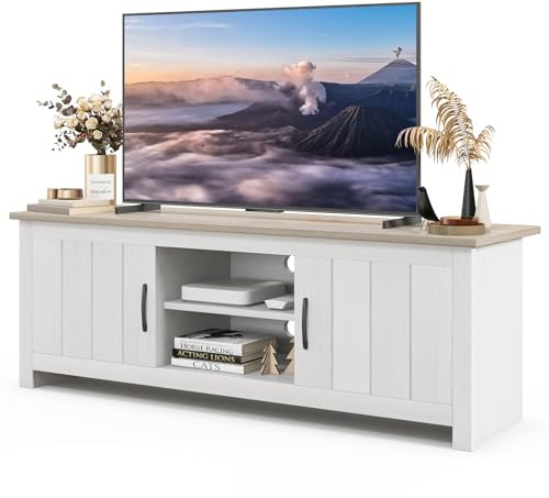 GYMAX Mueble TV de hasta 65 Pulgadas, Mesa Television de Madera con 2 Armarios y Estantes Abiertos, Mueble Bajo TV con Puertas para Salón y Dormitorio, 145 x 40 x 50 cm (Blanco+Gris)