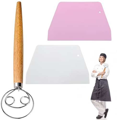 3 Pcs Long Wooden Handle Bread Dough Mixer and Scraper - Stainless Steel Easy Whisk for Dough and Cake Making