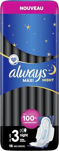 Always Maxi Serviettes Hygiéniques, Taille 3, Night, 16 Serviettes Avec Ailettes, Flux Très Abondants Nuit, Cœur Ultra Absorbant et Barrières Anti-Fuites (Lot de 5)