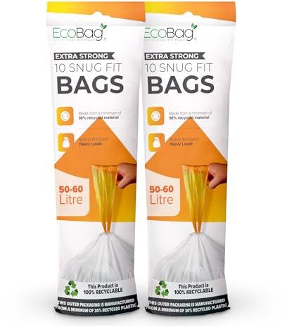 EcoBag - 20 Pack White Kitchen Drawstring Bin Liner - 50-60L - 28 Microns - Heavy Duty, Extra Strong, Eco-Friendly, Tear Resistant, Clear Recycling Bags (620 x 810mm)