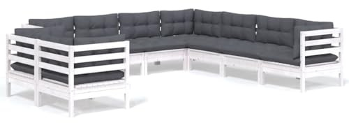 WEMYUFURN 9-TLG. Garten-Lounge-Set mit Kissen Weiß Massivholz Kiefer, Outdoor-Sitzgruppe, Terrassen-Lounge-Set, Garten-Couchgarnitur - Wetterbeständig, Komfortabel - für Terrasse, Garten und Balkon