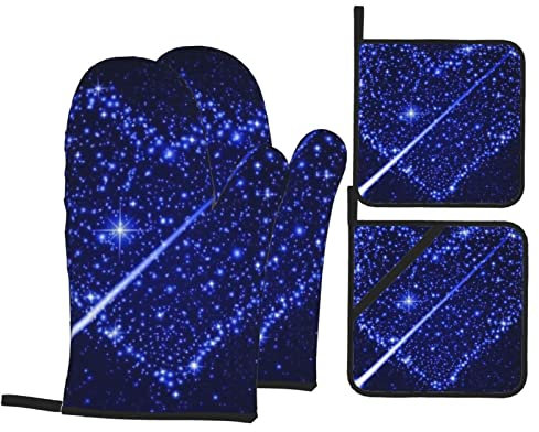 Shooting Star - Set di 4 guanti da forno e presine a forma di cuore, in tessuto resistente al calore, mini guanti da forno e cuscinetti riscaldanti, per grigliare, barbecue, microonde, lavabili in