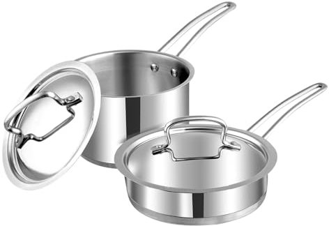 Stainless Steel Cookware Set, 2 Pieces, 16cm Saucepan and 20cm Fry Pan, Induction Base, Stainless Steel Lid