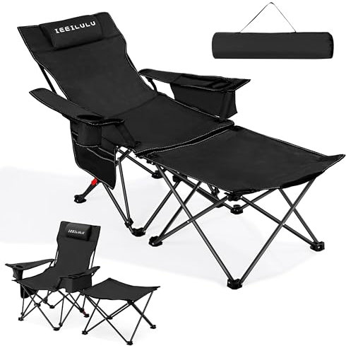 IEEILULU Silla Camping Plegable, Tumbona Camping, 2 en 1 Silla Portátil Plegable con Portavasos Reposacabezas Bolsillo Lateral Bolsas Nevera, Silla Acampada Plegable para Pesca, Al Aire Libre (Negro)