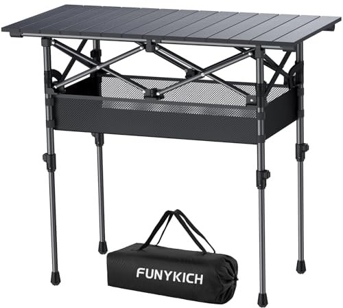 FUNYKICH Mesa Plegable de Camping 82 x 40cm con 2 Alturas Ajustables (44/70cm), Fácil Montaje, Bolsa de Malla Tablero Enrollable de Aluminio para Barbacoa