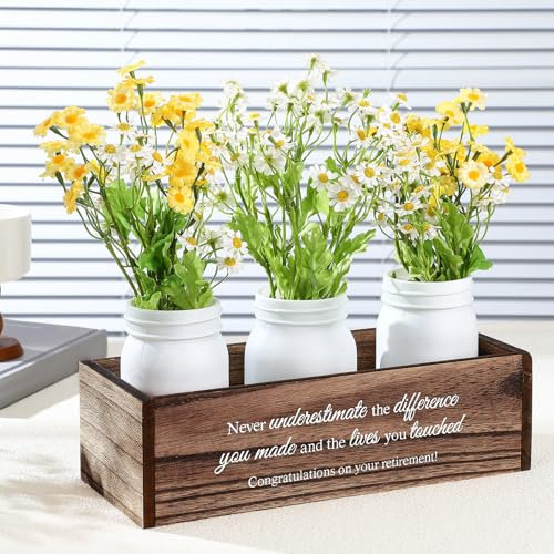 Geelin Retirement Gift for Woman 3 Mason Jar Centerpiece Table Decorations Farmhouse Coffee Table Decor with Wood Tray Happy Retirement Table Decor Sign for Teacher Nurses Coworker Boss Retirees Mom