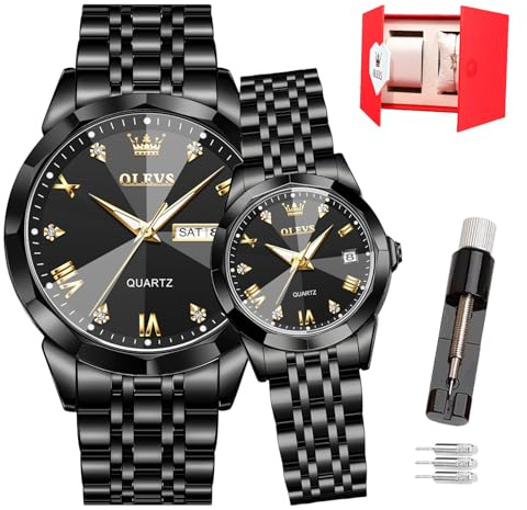 OLEVS Valentines Paar Quarzuhren, 3 ATM wasserdicht, leuchtender Kalender, Datum, lässige Edelstahl-Armbanduhr für Sie und Ihn, für Männer, Frauen, Liebhaber