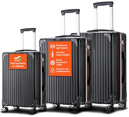 Avilia Set 3 Valigie in ABS e 4 Ruote Piroettanti - i Trolley Includono Sacca a Rete, Elastico Ferma Indumenti e Cerniera Singola - Valigie con 3 Diverse Altezze 55/66/76cm, Nero