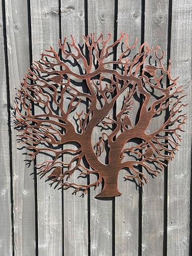 Large Metal Tree Wall Art, Rustic Copper-Tone Garden Decor, Birds Design, Outdoor Indoor Fence Decoration 60cm powder coated
