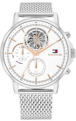 Tommy Hilfiger analog multifunktion kvartsur för män med silver rostfritt stål nätarmband - 1710682