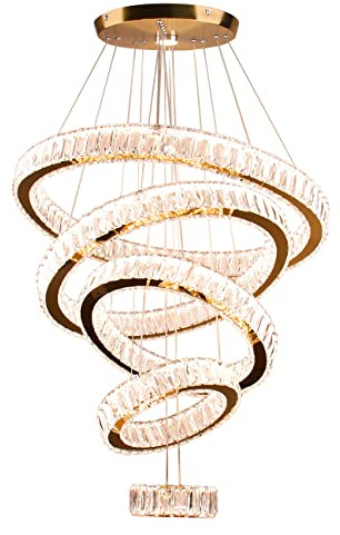 Crystal LED Chandeliers Modern 5 Rings Pendant Light Adjustable Height Ceiling Lamp for Bedroom Dinning Room Living Room Kitchen (Titanium Gold，Warm White)