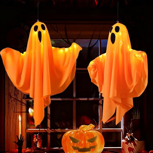 Arespark Halloween Decorazioni per Interno Esterno, 2 Pezzi Fantasma da Appendere, Addobbi Halloween con 3 modalità Led Luci, Decorazione per Feste, Anteriore, Yard, Patio, Giardino (orange)