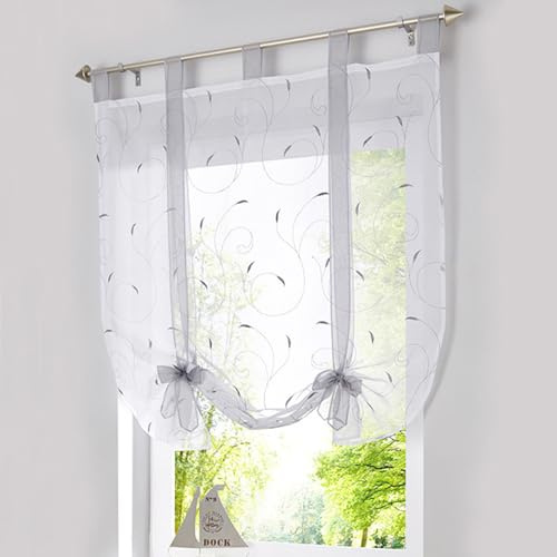 Tende Romane Ricamate, 120 x 140cm Tende in Voile Ricamato Trasparente con Lacci per Cucina, Soggiorno, Camera da Letto (Grigio)