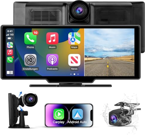 AWESAFE Écran Carplay Voiture & Android Auto,10,26” avec Dashcam Avant 4K, Caméra Arrière 1080P Inclus, Commande Vocale, BT/GPS/FM/AUX