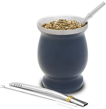 balibetov Ensemble de thé Yerba (tasses à maté) en acier inoxydable avec bombilla (paille) pour maté et yerba, facile à nettoyer et très résistant, gris foncé