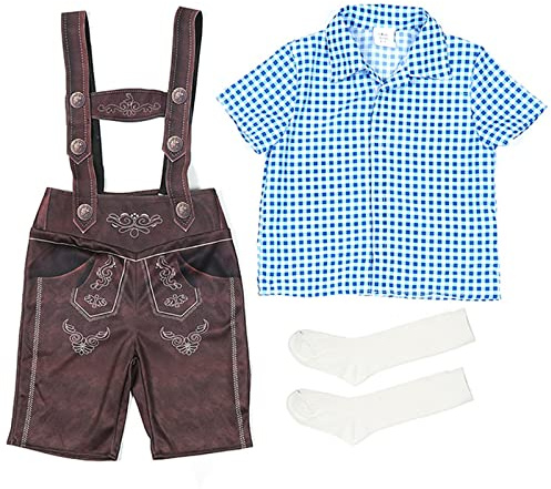 Costume Tradizionale Bambini Neonati Abbigliamento Oktoberfest Bavarese Camicia Maniche Corte Pantaloni Bretelle Gonna Calzini Set Vestiti Festival (Blue, 4-6 Years)