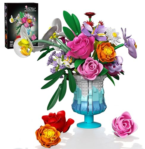 Mavo brix Flower Building Set with Vase, Artificial Botanical Flower Set for Adults Women, Home Décor Display, Romantic Gift for Christmas, Valentine’s Day, Compatible with Lego Flower, 956 PCS