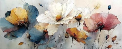 artissimo Glasbild 125x50 cm Bild Mohnblumen AG5712A – modernes Panorama Bild aus Glas, großes Wandbild XXL Querformat, Wanddeko Wohnzimmer Blumen Kunst pastel blau beige
