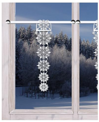 Girlande Fröhliche Winterzeit Plauener Spitze | Winter-Scheibenhänger mit Schneeflocken weiß-Silber | Filigran gestickter Fensterbehang | Spitzengardine Schneesterne HxB 27 x 7 cm