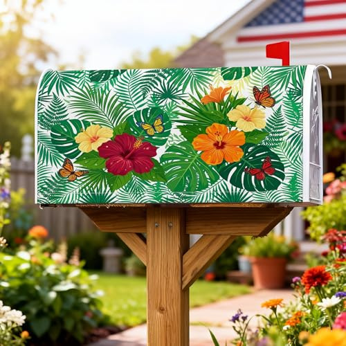 Housses magnétiques pour boîte aux lettres hibiscus, motif papillon tropical et feuilles de palmier, vert été pour extérieur, décoration de porche, 53,3 x 64,9 cm