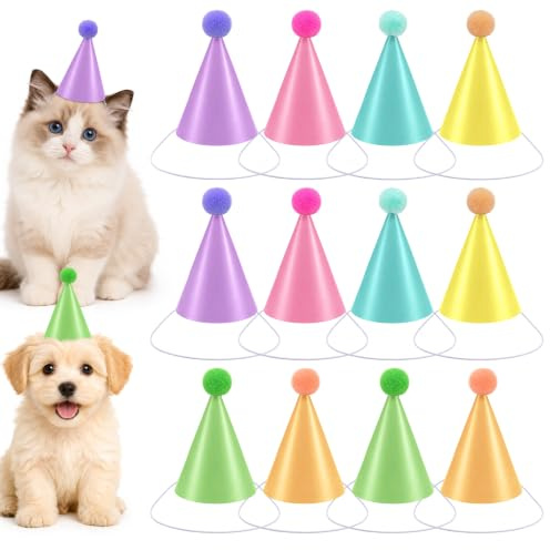 12 Stück Mini Partyhüte für Haustier, Bunt Party Kegel Hat Mit Pompons | Partyhüte Verstellbarer Kleine Party Hüte für Kuscheltiere Partydekor Katzen