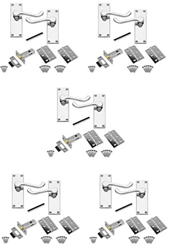 Golden Grace Victorian Scroll Door Handles Latch in Polished Chrome Finish with Hinges & Latches Pack, 5 Sets - 120mm x 40mm Backplate