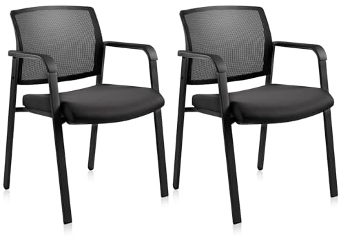 CLATINA Mesh Back Stacking Arm Chairs with Upholstered Fabric Seat Ergonomic Lumbar Support Stackable Desk Chair for Office School Classroom Church Guest Reception Meeting Conference, Black, 2 Pack