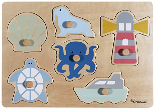 Kindsgut Steckpuzzle aus Holz, Puzzle für Kleinkinder, Lernspielzeug aus hochwertiger Qualität in schlichtem Design und dezenten Farben für Spielspaß, schönes Geschenk, Ozean