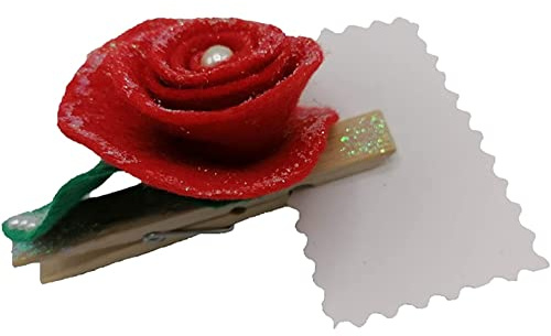 Set da 4 Segnaposto Mc composizioni con Fiore e Perla Decorativo elegante Addobbo per Tavolo Natalizio Fatto a Mano Rosso in Tessuto Molletta e Bigliettino