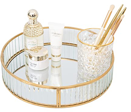 Deko Tablett Rund, SLHEQING Spiegeltablett Gold Badezimmertablett Glass Make up Organizer Vintage Kosmetik Organizer Aufbewahrung Tablett für Badezimmer Schminktisch