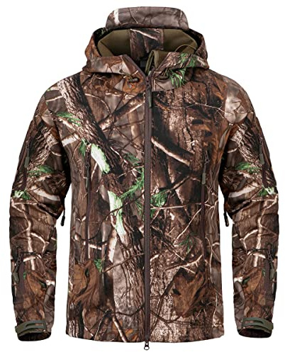 NAVEKULL Silent Hunting Clothes for Men Soft Shell Outdoor Jacket Water Resistant Windproof Camo Fleece Hooded Tactical Quiet Coat Military Army Lightweight Training Tree Camouflage Hiking Jackets