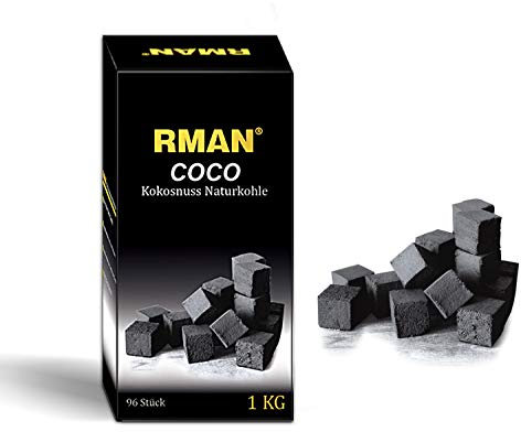 RMAN® 2KG Shisha Kohle Naturkohle Kokosnuss und BBQ 192 Würfel Hochwertige Kokoskohle Kokos Coal Briketts für Wasserpfeife Grill mit Langer Brenndauer