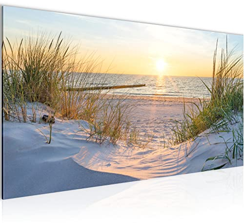 Runa Art Wandbild Strand Sonnenuntergang 1 Teilig 100 x 40 cm Modern Bild auf Vlies Leinwand Meer Natur Deko Geschenk Wohnzimmer Blau Beige 041712a