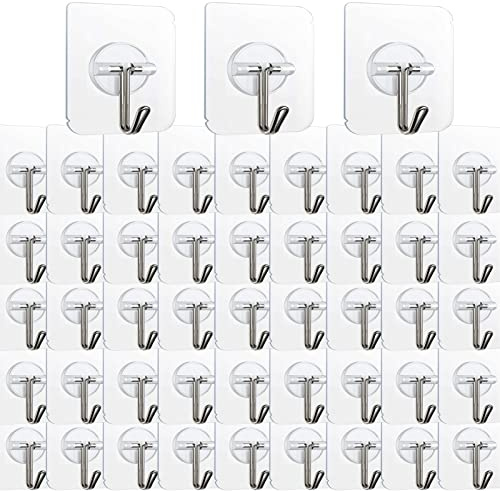 KAKAMINA 100 Pack Adhesive Hooks Wall Hooks 24lb(Max) Heavy Duty Self Adhesive Hooks,Transparent Reusable Adhesive Wall Hooks for Hanging for Kitchens, Bathroom, Office