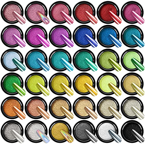 Saviland Chrome Nail Powder Set - 36 Farben Metallic Spiegel Effekt Laser Glitter Maniküre Dekoration mit Schwamm Sticks