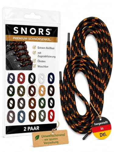 SNORS 2 par skosnören, runda, 21 färger, 75–200 cm, Ø 5 mm, säkerhet, för arbetsskor och vandringsskor, slitstarka, tvättbara, robusta, skoband, Svart neonorange, 120cm / Ø 5mm