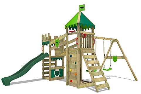 Fatmoose Spielturm Ritterburg RiverRun Royal mit Schaukel & grüner Rutsche, Outdoor Kinder Kletterturm mit Sandkasten Leiter & Spiel-Zubehör für den Garten