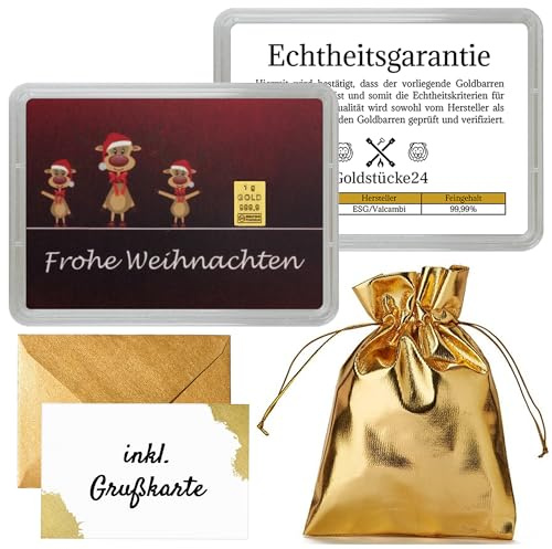 Goldstücke24 - Geschenk zu Weihnachten - Frohe Weihnachten - Rentiere - Goldbarren 1g - Tolle Geschenkidee - Echtheitsgarantie