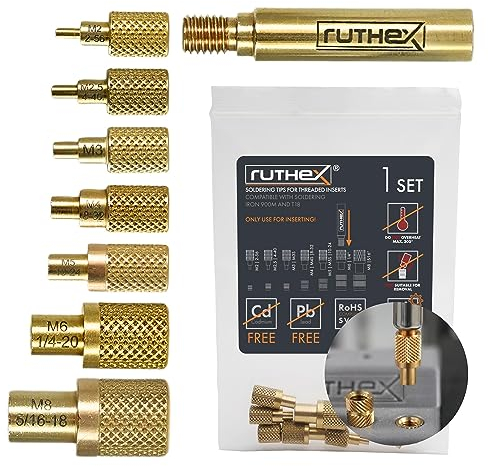 ruthex 7x Lötspitzen/Einschmelzhilfen Set - Lötkolbenspitzen für ruthex Gewindeeinsätze M2/ M2.5/ M3/ M4/ M5/ M6/ M8 - #2-56/ #4-40/ #8-32/#10-24 1/4 mit Adapter kompatibel mit Lötkolben 900M/T18