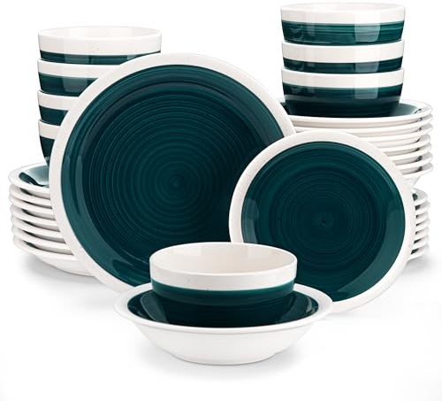 vancasso Ori Service de table 32 pièces pour 8 personnes en grès peint à la main avec assiettes, assiettes à dessert, bols à pâtes, bols à céréales, style rustique chic Vert