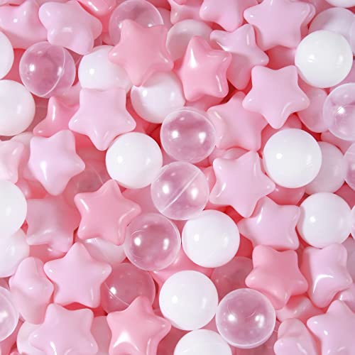 TRENDPLAY Star Ball Pit Balls for Toddlers - 200 Count Star Balls Different Shapes, Non-Toxic Plastic Balls Boys Girls Festival Party Decoration, Pink+White+ Clear