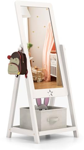 DREAMADE 360° drehbarerer Kinder Standspiegel mit Aufbewahrungsbox, freistehender Ankleidespiegel aus Holz, Kinderspiegel mit Ablage und seitlichen Haken für Kinder ab 3 Jahren für Kinderzimmer