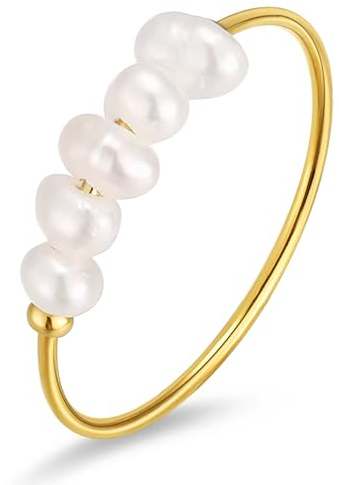 Kim Johanson® Edelstahl Damen Ring *Mare* in Gold mit echten Perlen | Perlenring | Wasserfest | Boho Schmuck für Frauen | Süßwasser Perle | Verlobungsring in verschiedenen Größen | Schmuckbeutel